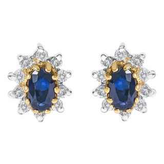 14K Yellow Gold 1/4 Cttw Diamond and Blue Sapphire Sunburst Halo Stud Earrings, A Pair For Sale