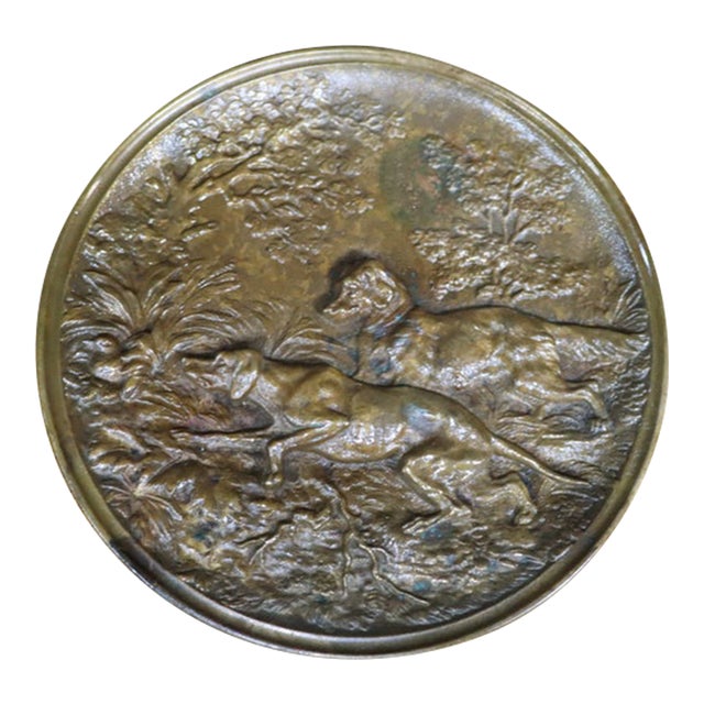 Antique French Copper Hunting Dog Relief Plaque For Sale