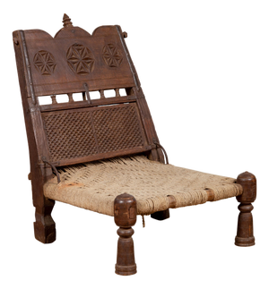 Antique Indian Rustic Low Seat Wooden Chair with Carved Rosettes and Twine Seat