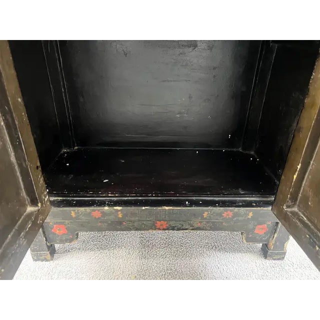 Paint Vintage Asian Black Lacquered Cabinet or Chest With Hand-Painted Floral Motif For Sale - Image 7 of 14
