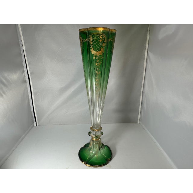 Antique Moser Green to Clear Trumpet Vase: Bohemian Gold Gilt Decor (18.5") For Sale - Image 6 of 10