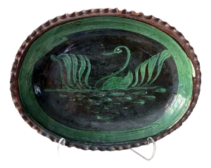 1930s Patamban Michoacan, Mexico Green Glaze Redware Pottery Platter. Handpainted Swan Oval Design