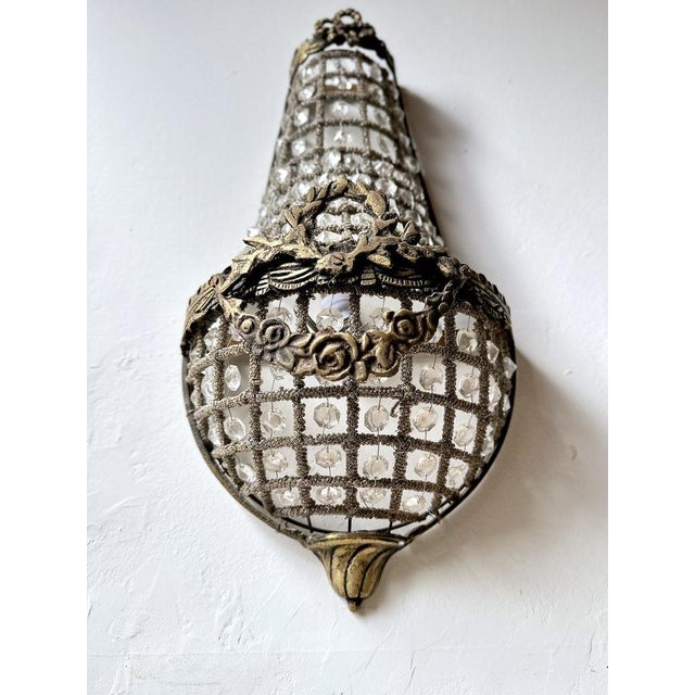 French Empire Style Basket Wall Sconces in Bronze and Crystal, 1920s, Set of 2 For Sale - Image 10 of 18