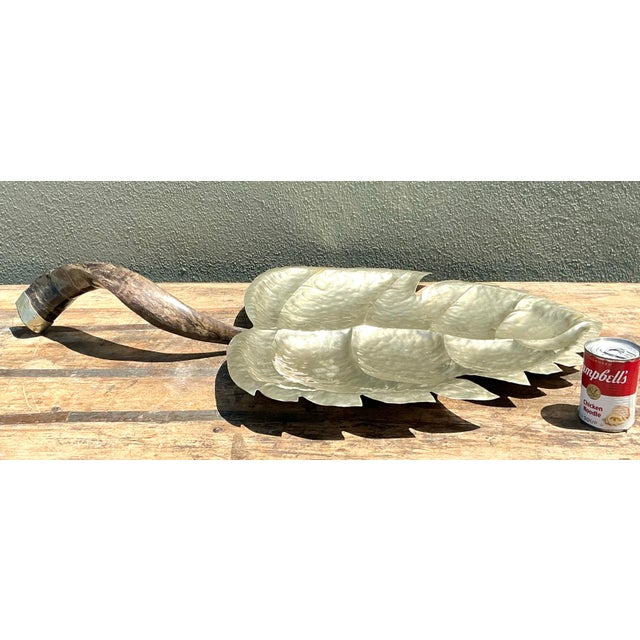 Vintage Hammered Metal Leaf Tray With Horn Handle For Sale - Image 10 of 12