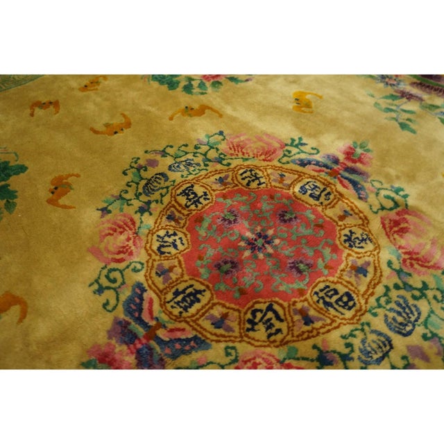 1920s Soft Yellow Field Antique Vase Floral Shou Symbols Chinese Art Deco Rug For Sale - Image 11 of 11