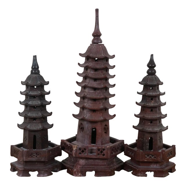 Set of 3 Vintage Chinese Red Soapstone Five & Seven Tier Pagoda Temple Incense Burners For Sale