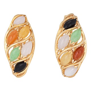 Vintage Multicolor Jade Earrings 14k Yellow Gold Marquise Jadeite Shrimp, Pair For Sale