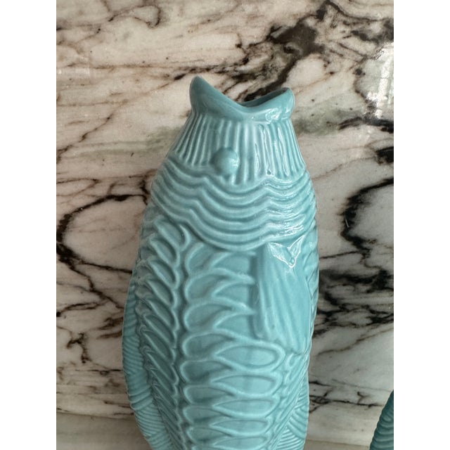 Pair of rareTiffany blue large ceramic Koi fish figurines, can be used as flower vase.