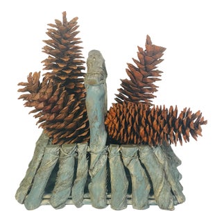 1960s Rustic Chalet Decor - Huge Pine Cones in Twig Basket For Sale