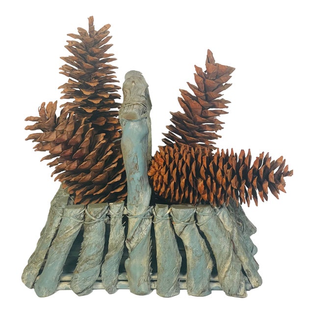1960s Rustic Chalet Decor - Huge Pine Cones in Twig Basket For Sale