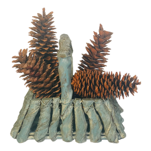 1960s Rustic Chalet Decor - Huge Pine Cones in Twig Basket