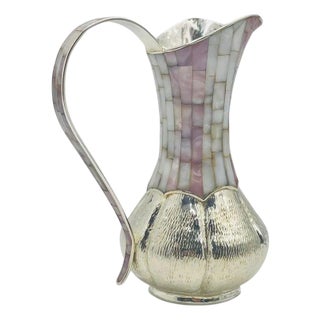 1960s Los Castillo Silver-Plated & Mother of Pearl Water Pitcher, Mexican Modernism For Sale