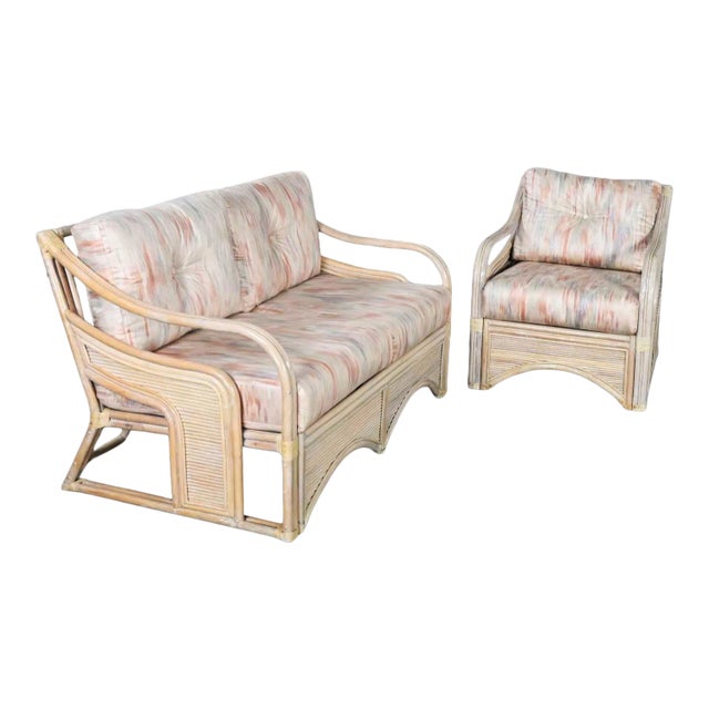 Cerused Reeded Rattan Love Seat & Lounge Chair Manner of Gabriella Crespi For Sale