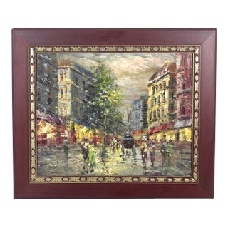 Vintage European City Scene Oil Painting, Small Original Framed Art For Sale