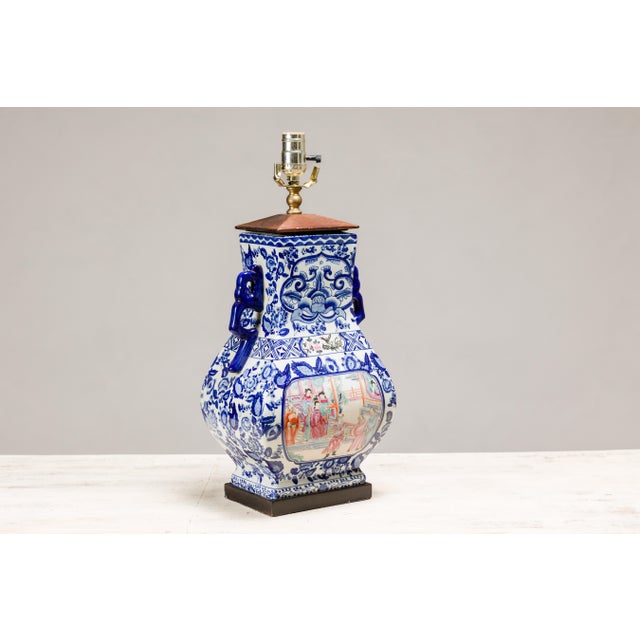 Blue and White Porcelain Table Lamp with Hand-Painted Court Scenes For Sale - Image 10 of 12