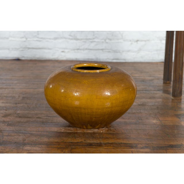 Chinese Vintage Porcelain Low Squat Planter with Yellow Mustard Glaze For Sale - Image 4 of 12