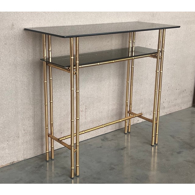 Glass Mid-Century Modern Italian Faux Bamboo Gilt Metal Console With Smoked Glass For Sale - Image 7 of 11