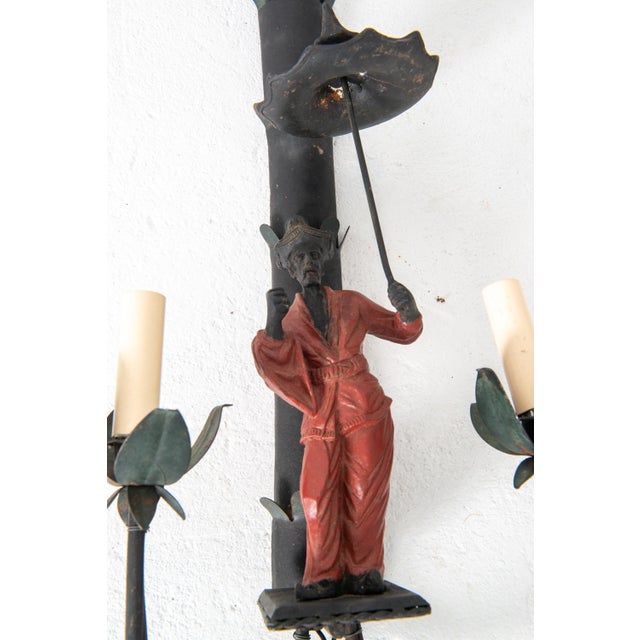 Black Antique Hand-Painted Iron Chinoiserie Sconces, France, 19th Century - a Pair For Sale - Image 8 of 13