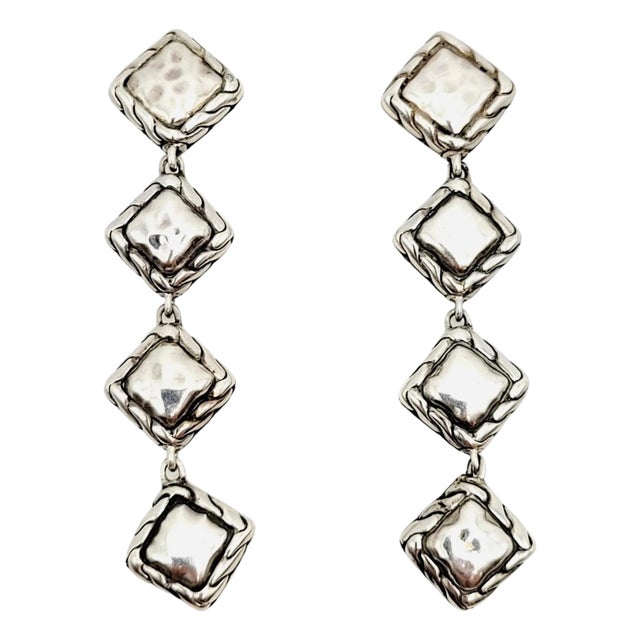 1990s Pair of John Hardy Estate Palu Hammered Drop Earrings 2" Silver For Sale