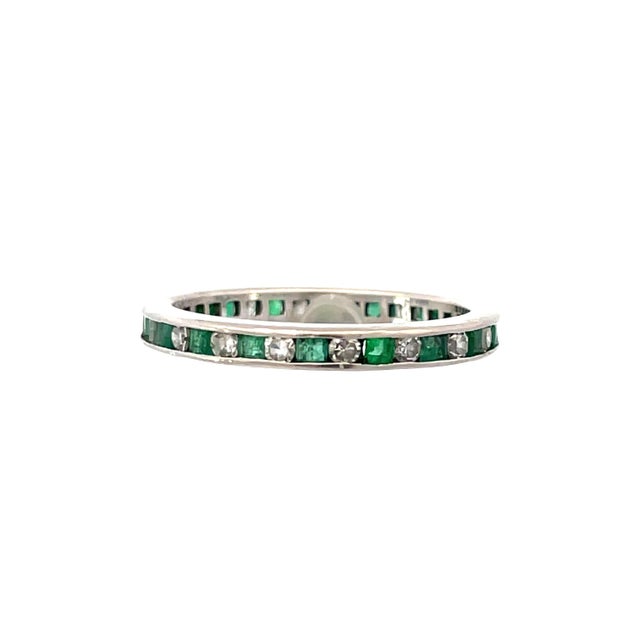 Green Platinum Emerald & Natural Diamond Antique Eternity Band, Size 7 For Sale - Image 8 of 8