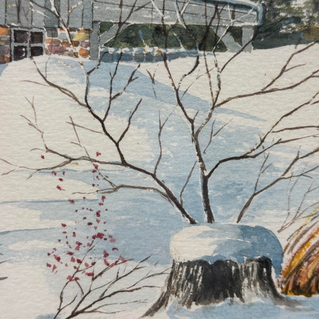 1980s Original Watercolor Painting of a Snowy Barn by Arthur Legiehn, 1985 For Sale - Image 5 of 12