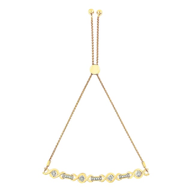 14K Yellow Gold Plated .925 Sterling Silver Channel Set Diamond Accent Twist 4”-10” Adjustable Bolo Bracelet (I-J Color, I3 Clarity) For Sale