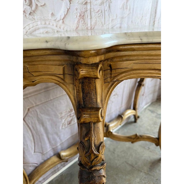 French Louis XV Style Carved Giltwood Console Table With White Marble Top For Sale - Image 4 of 15
