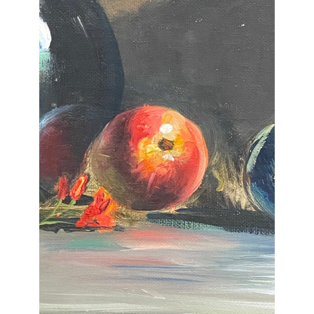 Vintage Still Life Oil Painting With Bottle, Ceramic Pitcher and Apple on Canvas Board For Sale - Image 4 of 10