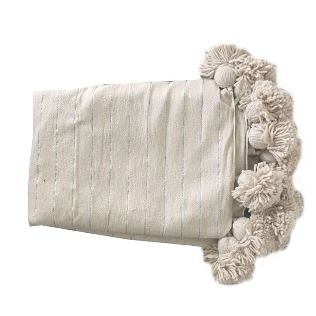 Moroccan Cream and Silver Pompom Throw For Sale - Image 3 of 3