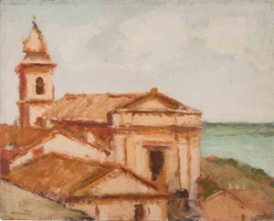 Franco Marzilli, View of the Church, Oil Painting, 1970s