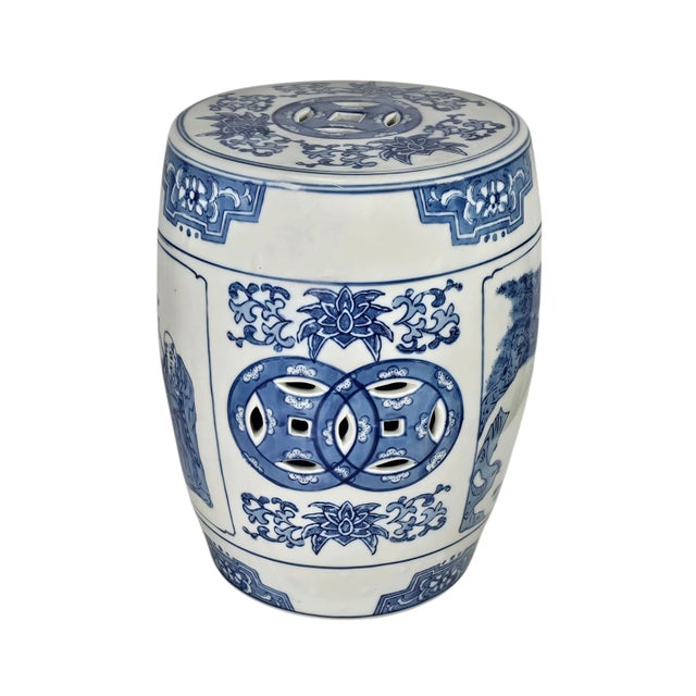 A distinguished accent of Chinese decorative tradition, this blue and white porcelain garden stool depicts Shouxing, the...