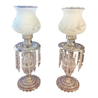 Vintage 1950s Hollywood Regency Boudoir Lamp Pair With Frosted Embossed Glass Shades & Prism Accents For Sale