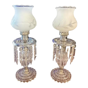 Vintage 1950s Hollywood Regency Boudoir Lamp Pair With Frosted Embossed Glass Shades & Prism Accents