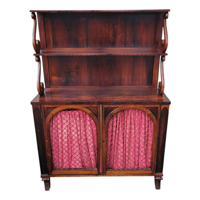 19th C English Regency Rosewood Cabinet Sideboard With Shelves & Brass Grille For Sale