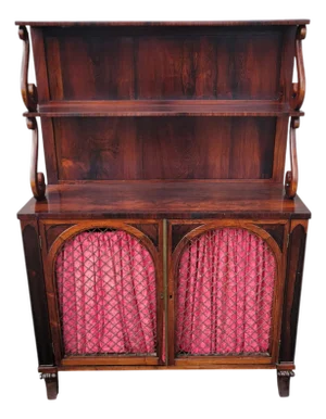 19th C English Regency Rosewood Cabinet Sideboard With Shelves & Brass Grille