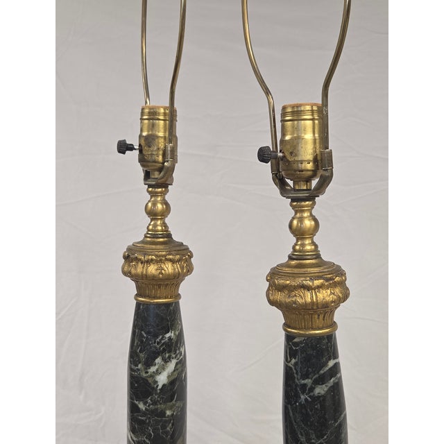 French Vintage French Empire Neoclassical Style Marble and Gilt Bronze Table Lamps - a Pair For Sale - Image 3 of 14
