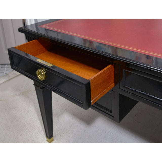 Vintage Ebonized Leather-Top French Bureau Plat Faux-Partner's Desk For Sale - Image 4 of 8