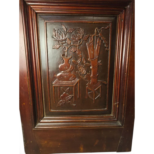 Chinoiserie Antique 19th-Century Qing Dynasty Carved Hardwood/Elmwood "Scholar's Objects" Architectural Panel For Sale - Image 3 of 16