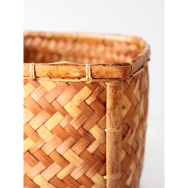 Vintage Woven Bamboo Storage Basket With Geometric Herringbone Pattern For Sale - Image 9 of 12