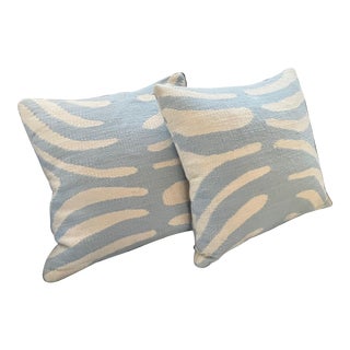 Jonathan Adler Blue and White Zebra Stripe Embroidered Pillows- Set of 2 For Sale
