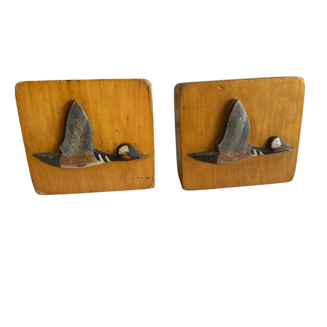 Vintage Hand-Carved Flying Duck Wooden Bookends – A Pair Folk Art Flying Duck Bookends For Sale - Image 12 of 12
