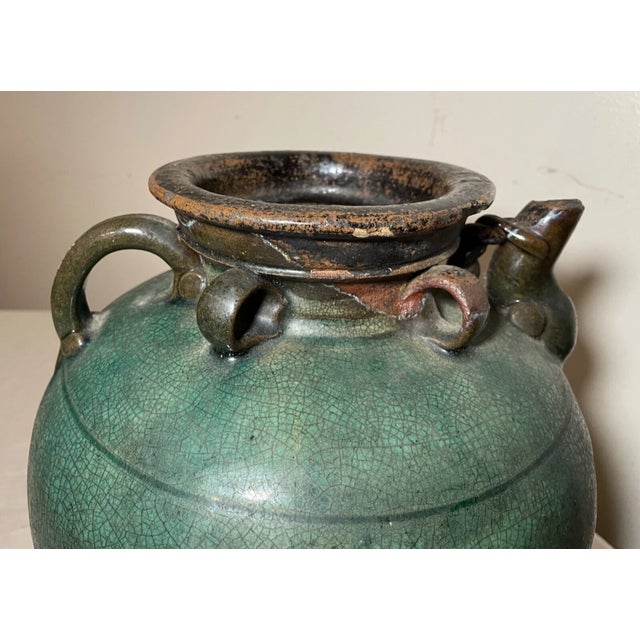 Antique Handmade Chinese Ming Dynasty Pottery Terracotta Green Glaze Wine Jug For Sale - Image 10 of 16