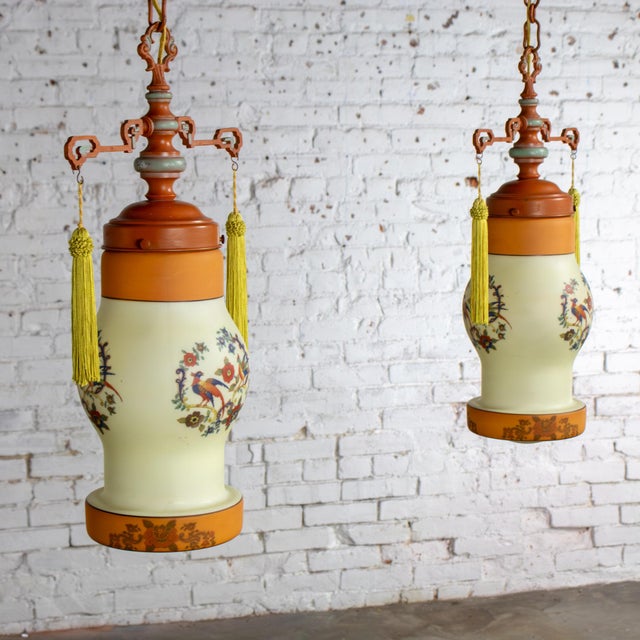 Early 20th Century Early 20th Century Chinoiserie to Art Deco to Art Nouveau Pendant Lights Hand Painted Avian a Pair For Sale - Image 5 of 18