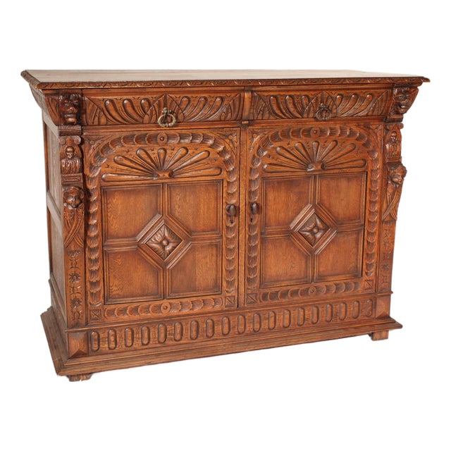 Baroque Style Oak Credenza For Sale