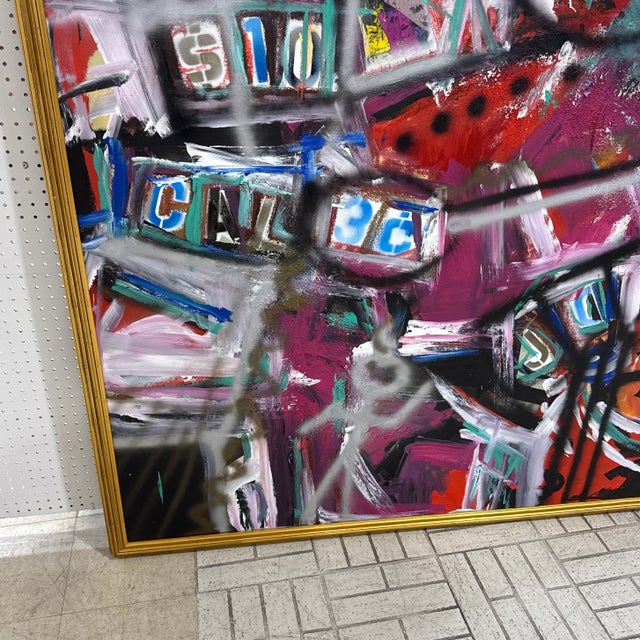 Vintage Abstract Graffiti Style Street Life Abstract Painting by Listed Artist Cecilia Mayr “Sneakers & Makeup" Framed For Sale - Image 4 of 12