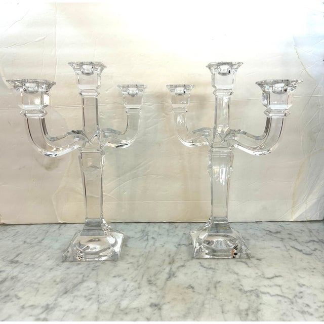Classical Roman Versace Rosenthal Austria Crystal 3 - Arm Candlesticks With Frosted Medusa on the Center Arm Signed, Inscribed Set of 2 For Sale - Image 3 of 12