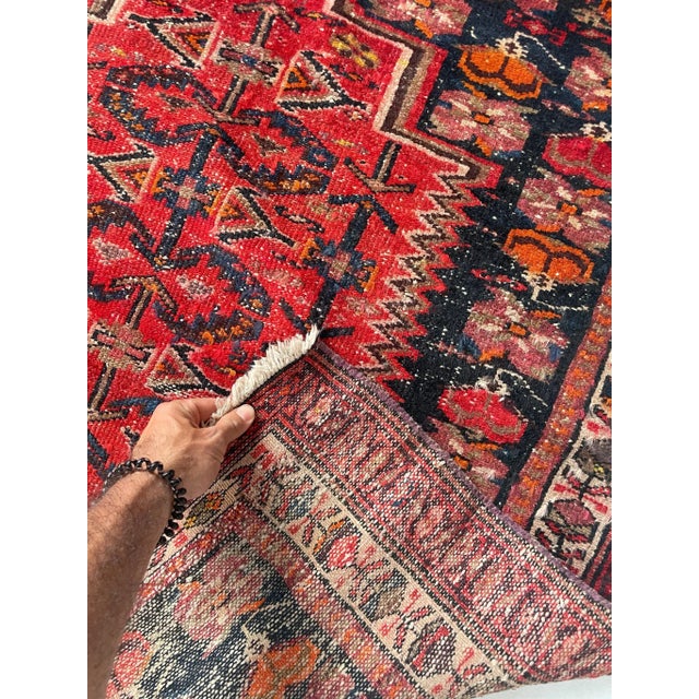 1940-50's Yellow Goats & Horses With Wine, Ruby & Charcoal-Blue Shrubs & Flora Rug 4 X 17 For Sale In Milwaukee - Image 6 of 12