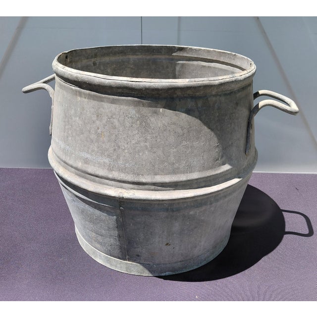 Industrial Vintage Belgian Galvanized Dolly Tub With Handles Planter For Sale - Image 3 of 10