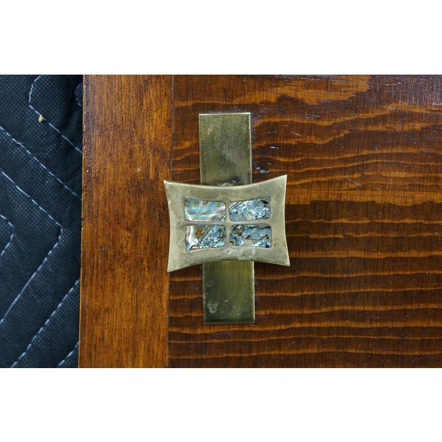Pair Mid-Century Chinoiserie Elm Louvered Double Bi Fold Doors Brass Shou Pulls For Sale - Image 18 of 18