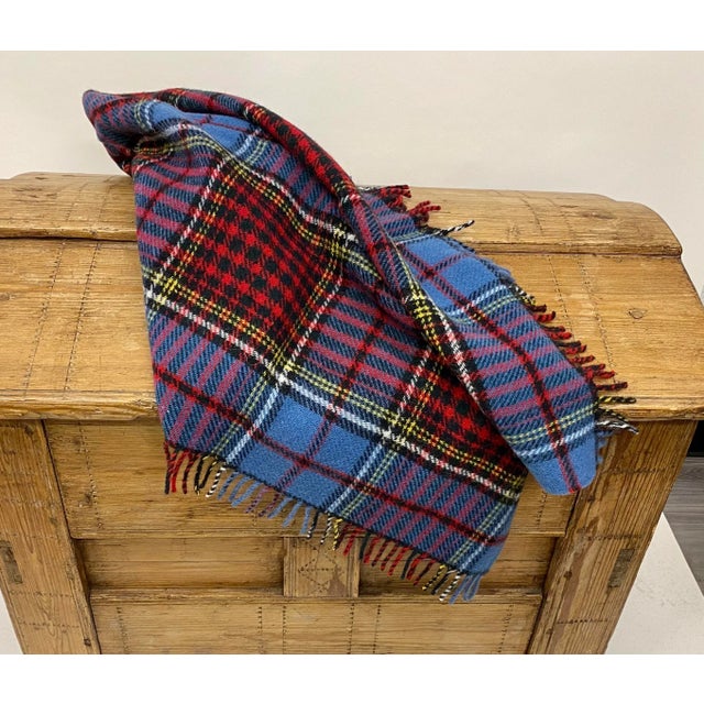 Merino Lambswool Knee Rug / Blanket in a Colorful Blue Plaid Pattern- Made in England For Sale - Image 10 of 11
